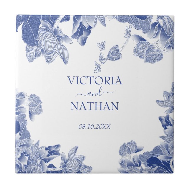 Elegant Blue White Chinoiserie Chic Floral Wedding Ceramic Tile (Front)