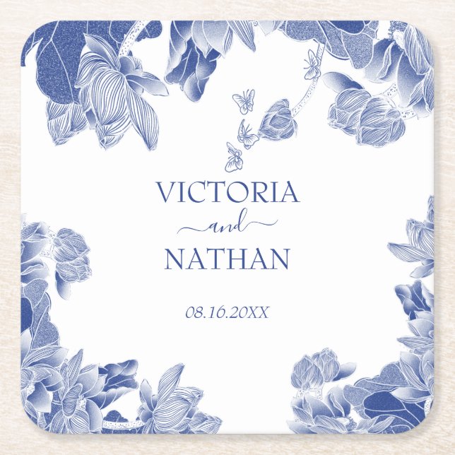 Elegant Blue White Chinoiserie Chis Floral Wedding Square Paper Coaster (Front)