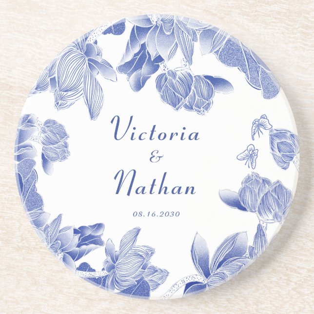Elegant Blue White Chinoiserie Floral Wedding Coaster (Front)