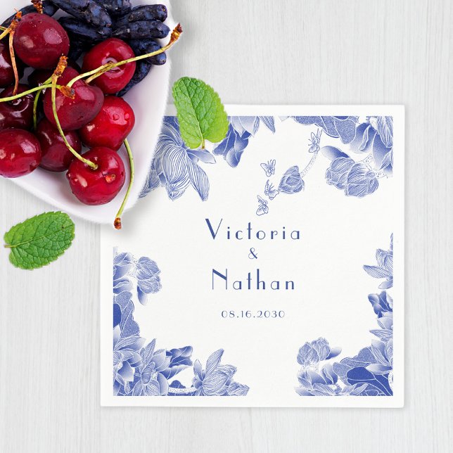 Elegant Blue White Chinoiserie Floral Wedding   Napkin (Creator Uploaded)