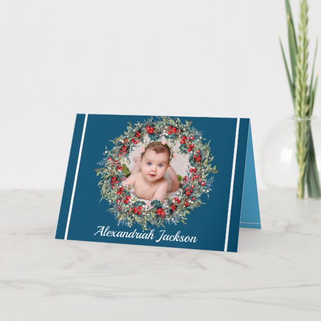 Elegant Blue White Christmas Photo Xmas wreath Holiday Card (Front)