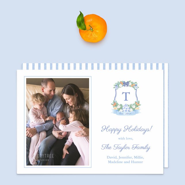 Elegant Blue White Citrus Merry Christmas Photo Holiday Card (Blue and white citrus monogram crest family picture holidays card. Blue white stripes on reverse)