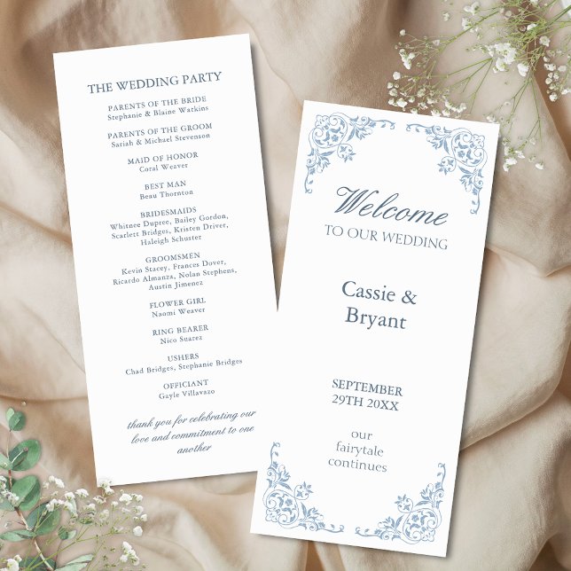 Elegant Blue White Coastal Chic Wedding Program (elegant blue and white coastal chic wedding programs for bridal reception with vintage border edge)