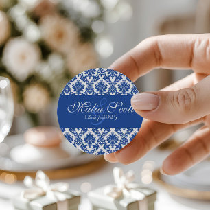 Elegant Blue White Damask Wedding Favour Classic Round Sticker