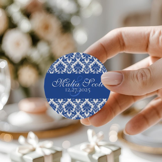 Elegant Blue White Damask Wedding Favour Classic Round Sticker (Creator Uploaded)