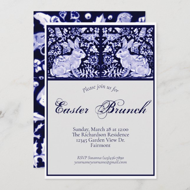 Elegant Blue, White Easter Brunch Rabbit Birds Art Invitation (Front/Back)