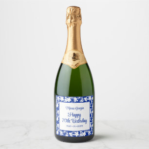 Elegant Blue White Floral 70th Birthday  Sparkling Wine Label