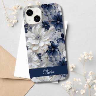 Elegant Blue White Floral Chic Custom Name iPhone 14 Case