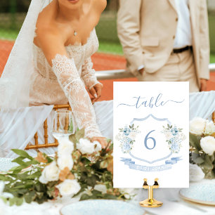 Elegant Blue White Floral Crest Wedding Table Number