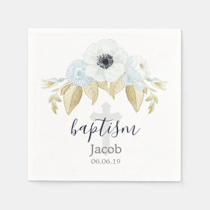 Elegant Blue & White Floral Cross Baby Baptism Napkin