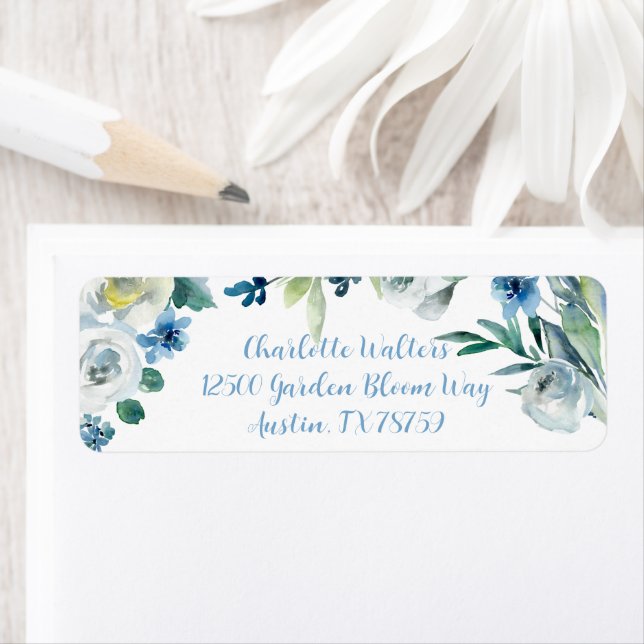 Elegant Blue White Floral Cursive Return Address Label (Insitu)