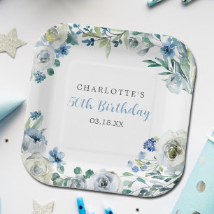 Elegant Blue White Floral Custom Birthday Party Paper Plate