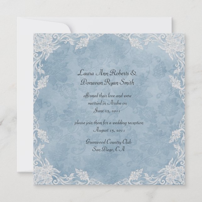 Elegant Blue White Floral Damask Post Wedding Invitation (Front)