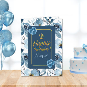 Elegant Blue & White Floral Happy Birthday Folded Card