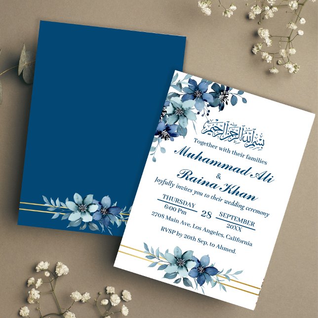 Elegant Blue  White Floral Islamic Muslim Wedding  Invitation (Creator Uploaded)