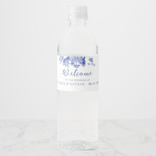 Elegant Blue White Floral Lotus Welcome Wedding Water Bottle Label