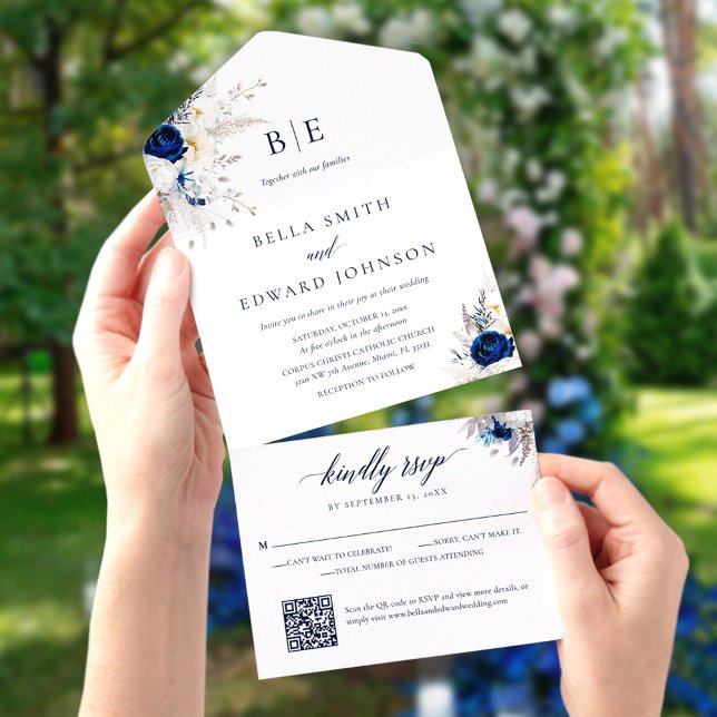 Elegant Blue White Floral Monogram Wedding QR Code All In One Invitation (Creator Uploaded)