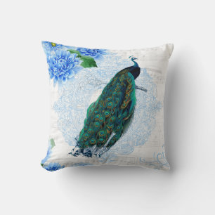 Elegant Blue & White Floral Peacock Cushion