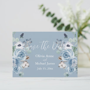 Elegant Blue & White Floral Script Save The Date