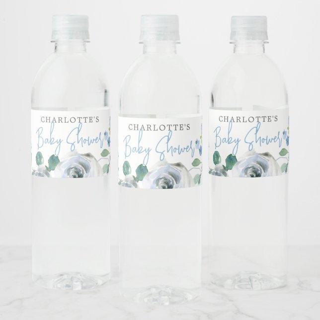 Elegant Blue White Floral Spring Boy Baby Shower Water Bottle Label (Bottles)