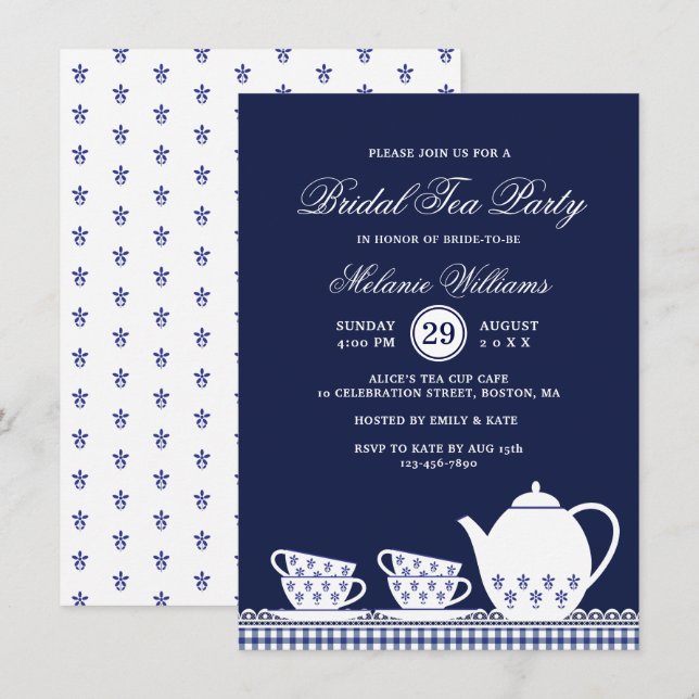 Elegant Blue White Floral Tea Party Bridal Shower Invitation (Front/Back)
