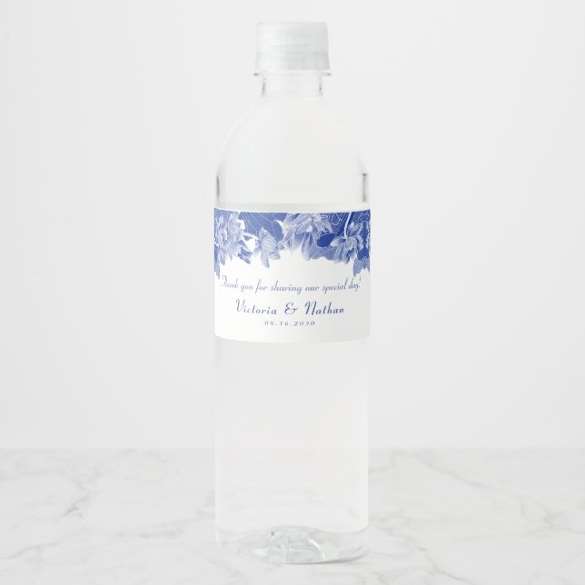 Elegant Blue White Floral Thank You Wedding Water  Bottle Label (Front)