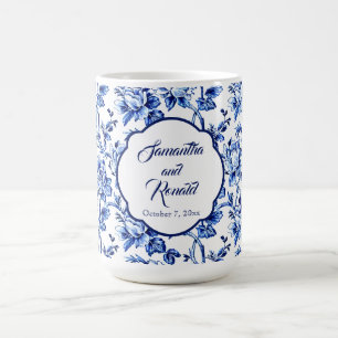 Elegant Blue White Floral Toile Wedding Coffee Mug