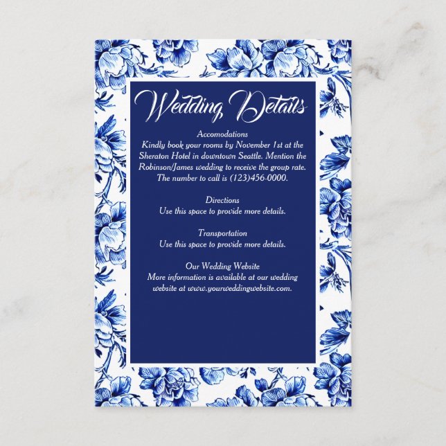 Elegant Blue White Floral Toile Wedding Enclosure Card (Front)