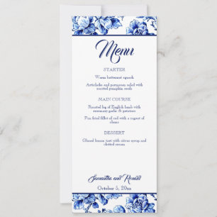 Elegant Blue White Floral Toile Wedding Menu Card