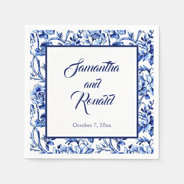 Elegant Blue White Floral Toile Wedding Napkin (Front)