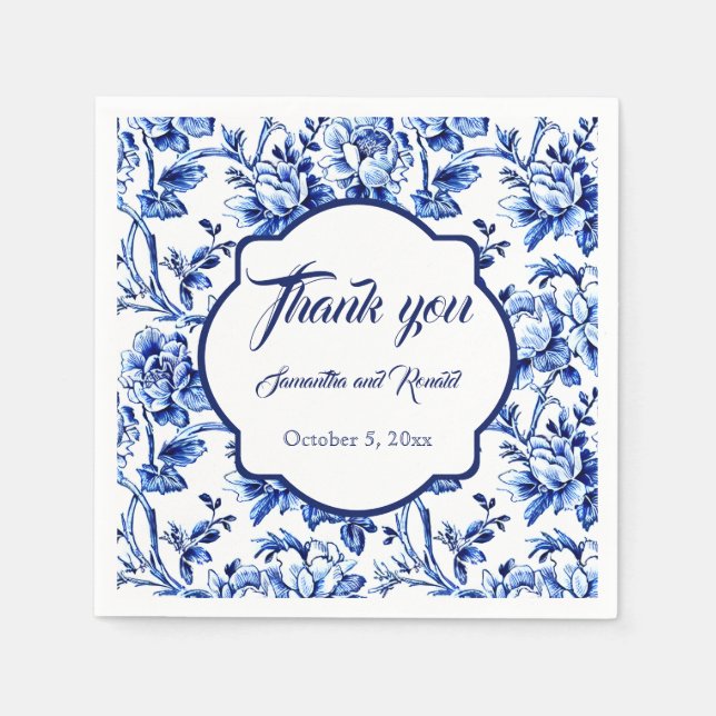Elegant Blue White Floral Toile Wedding Napkin (Front)
