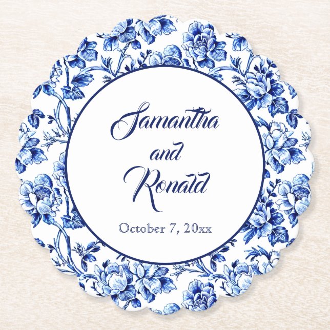 Elegant Blue White Floral Toile Wedding Paper Coaster (Front)
