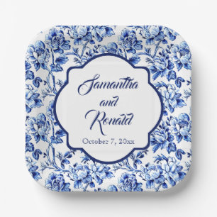Elegant Blue White Floral Toile Wedding Paper Plate