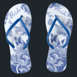 Elegant Blue White Floral Wedding Bride Thongs<br><div class="desc">The design features a delightful array of lotus flowers and butterflies, rendered in a blue and white colour scheme that evokes the elegant beauty of chinoiserie chic, reminiscent of the classic blue willow pattern, with a modern style text layout. These beautiful flip flops are a pretty something blue idea for...</div>