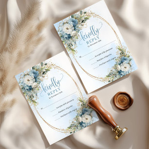 Elegant Blue White Florals Gold Wedding RSVP Card