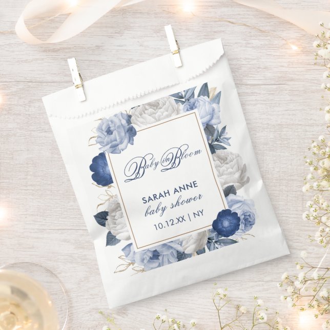 Elegant Blue & White Flower Baby Shower Favour Bag (Clipped)