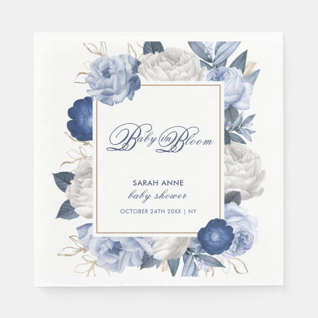 Elegant Blue & White Flower Baby Shower Napkin (Front)