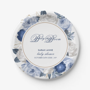 Elegant Blue & White Flower Baby Shower Paper Plate