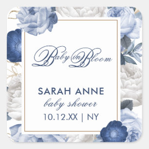 Elegant Blue & White Flower Baby Shower Square Sticker