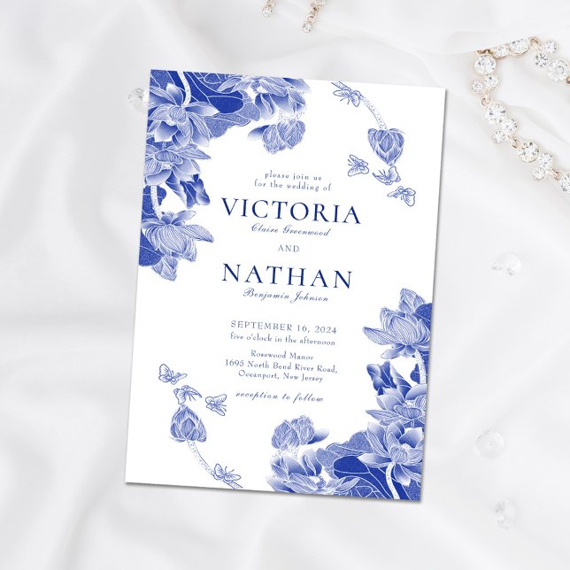Elegant Blue White Flower Chinoiserie Chic Wedding Magnetic Invitation (Creator Uploaded)