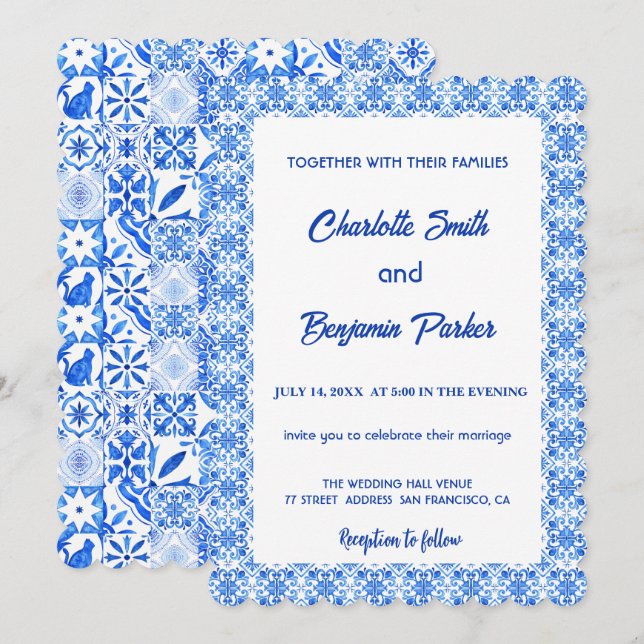 Elegant Blue White Flower chinoiserie wedding Save The Date (Front/Back)