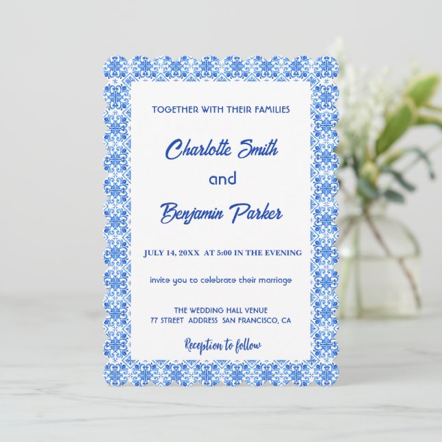 Elegant Blue White Flower chinoiserie wedding Save The Date (Standing Front)