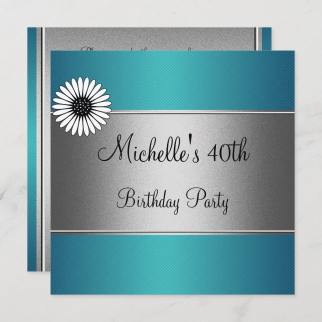 Elegant Blue White Flower Silver 40th Birthday Invitation (Front/Back)