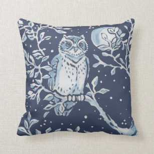 Elegant Blue White Forest Owl Moon Woodland Art Cushion