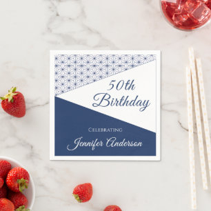 Elegant Blue White Geometric 50 Milestone Welcome Napkin