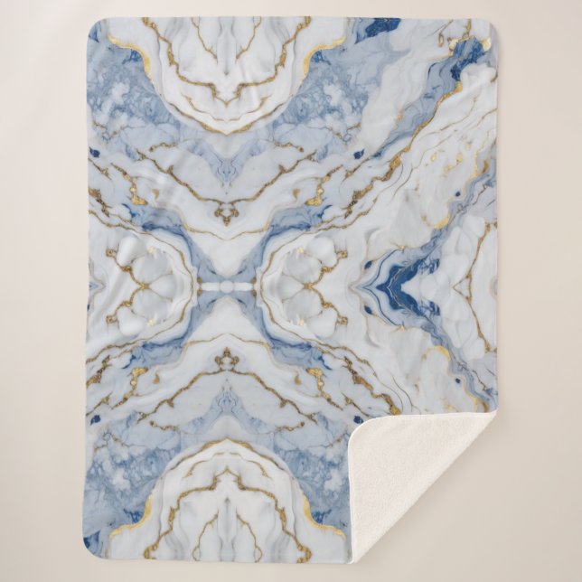 Elegant blue white gold marble granite pattern sherpa blanket (Front)