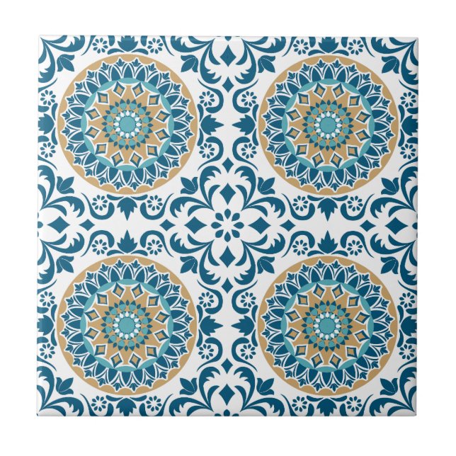 Elegant Blue White Gold Mediterranean Ornate  Ceramic Tile (Front)
