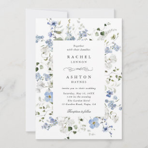 Elegant Blue White Green Floral Wedding Invitation
