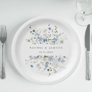 Elegant Blue White Green Floral Wedding   Paper Plate