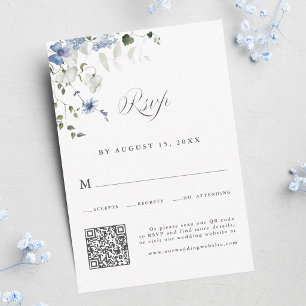 Elegant Blue White Green Floral Wedding QR Code RSVP Card